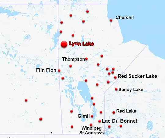 Map showing the location of Lynn Lake in Manitoba
